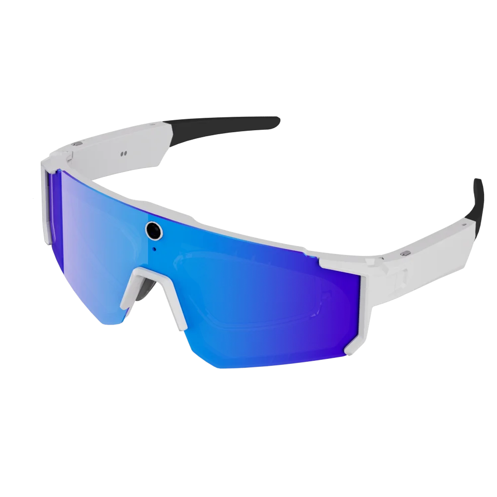 Osawalla smart camera glasses with white frame and blue reflective lenses